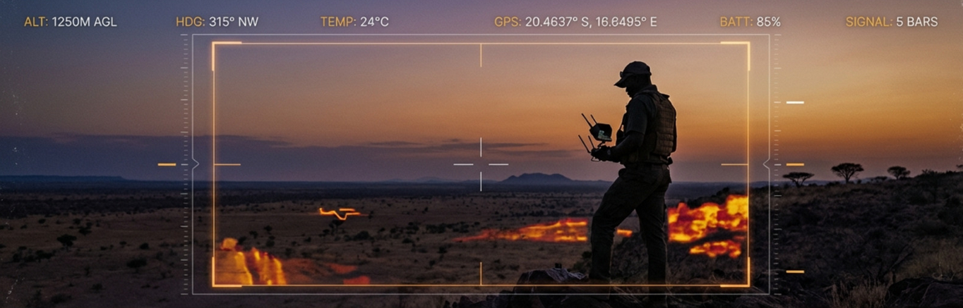 Drone operator silhouette at sunset over African savanna