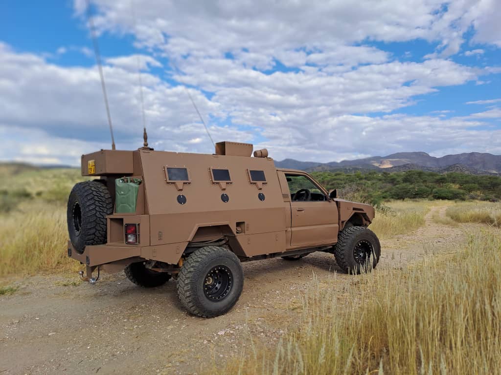 Armoured response vehicle with Namibian mountain backdrop
